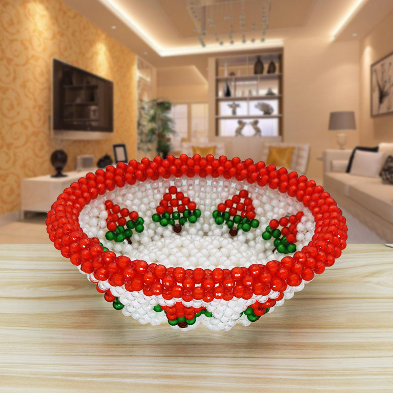 手工串珠水果盘家用客厅圆形红草莓果篮家居饰品茶几装饰摆件成品