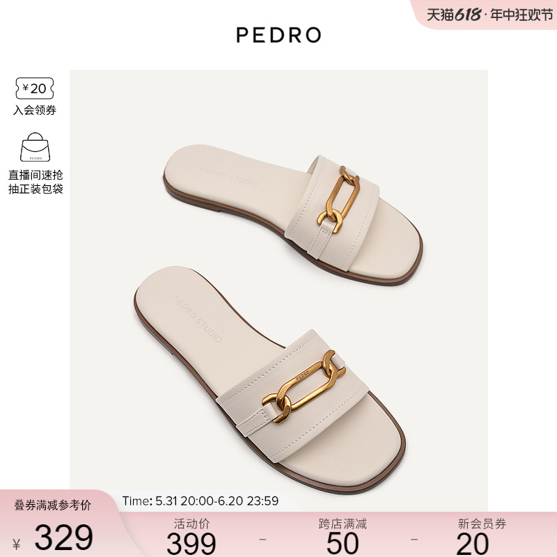 PEDRO圆头拖鞋女鞋金属装饰露趾平底凉鞋舒适凉拖PW1-66680021