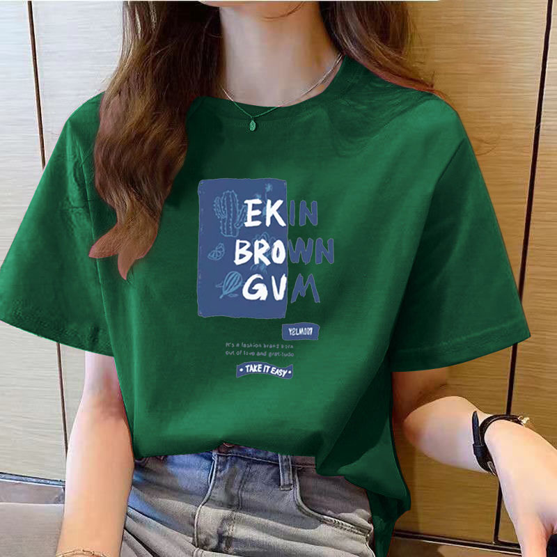 墨绿色新款小众宽松短袖T恤女2023夏季长款欧货大版潮牌字母上衣
