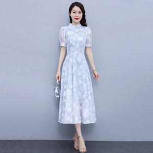 立领雪纺长袖连衣裙女2023夏季新款法式气质温柔复古印花仙女裙