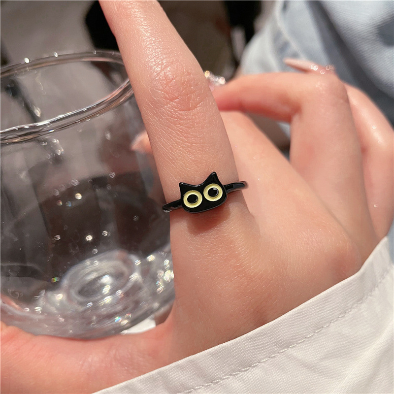 新款简约搞怪黑猫戒指女小众设计感可爱小怪兽开口食指戒