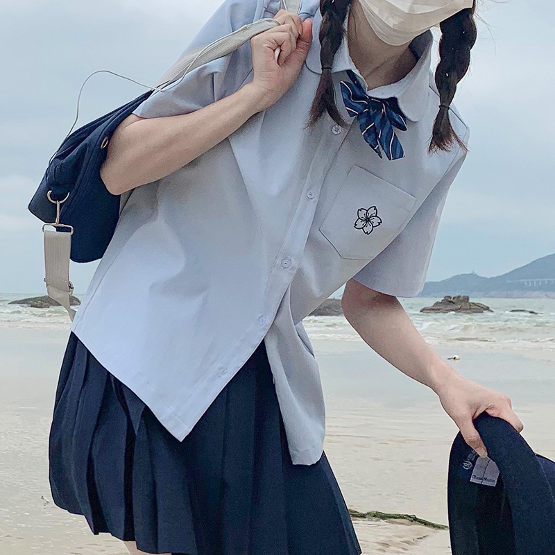 jk蓝色衬衫女夏日系学院风印花短袖百搭学生蝴蝶结基础款制服上衣