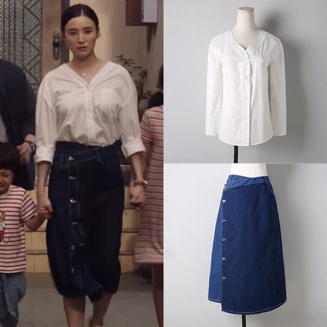 小舍得南俪宋佳同款v领白色衬衫女宽松2021春上衣拼接牛仔半身裙