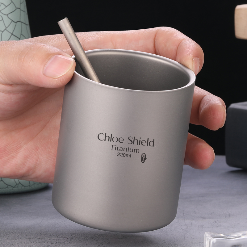 盾蔻户外纯钛杯子泡茶杯喝水咖啡杯便携双层直饮随手杯家用果汁杯