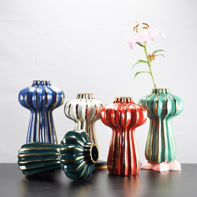 简约创意灯笼花瓶电镀金线陶瓷瓶轻奢插花花器北欧ins风装饰摆件