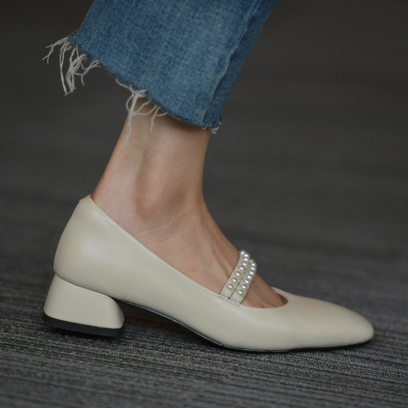 skyshoes浅口方头中跟单鞋女 2020秋季新款白色玛丽珍鞋真皮女鞋