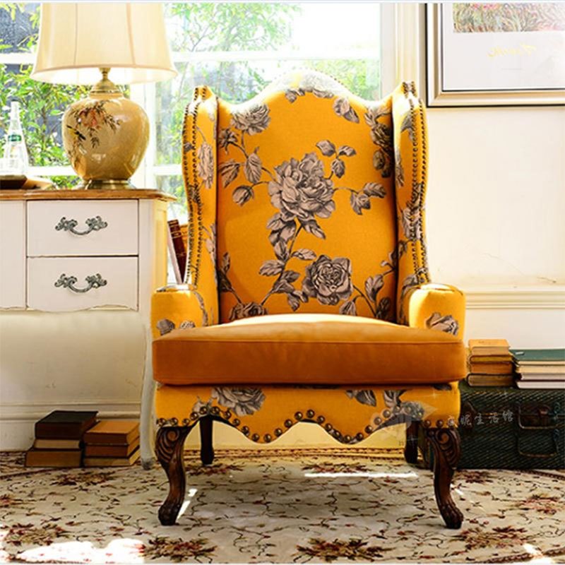 美式乡村布艺休闲椅黄色花布老虎椅会客椅咖啡椅阳台会所高背椅在类目 住宅家具, 沙发类, 布艺沙发中 - 来自Buy2taobao.com提供专业的淘宝代购服务