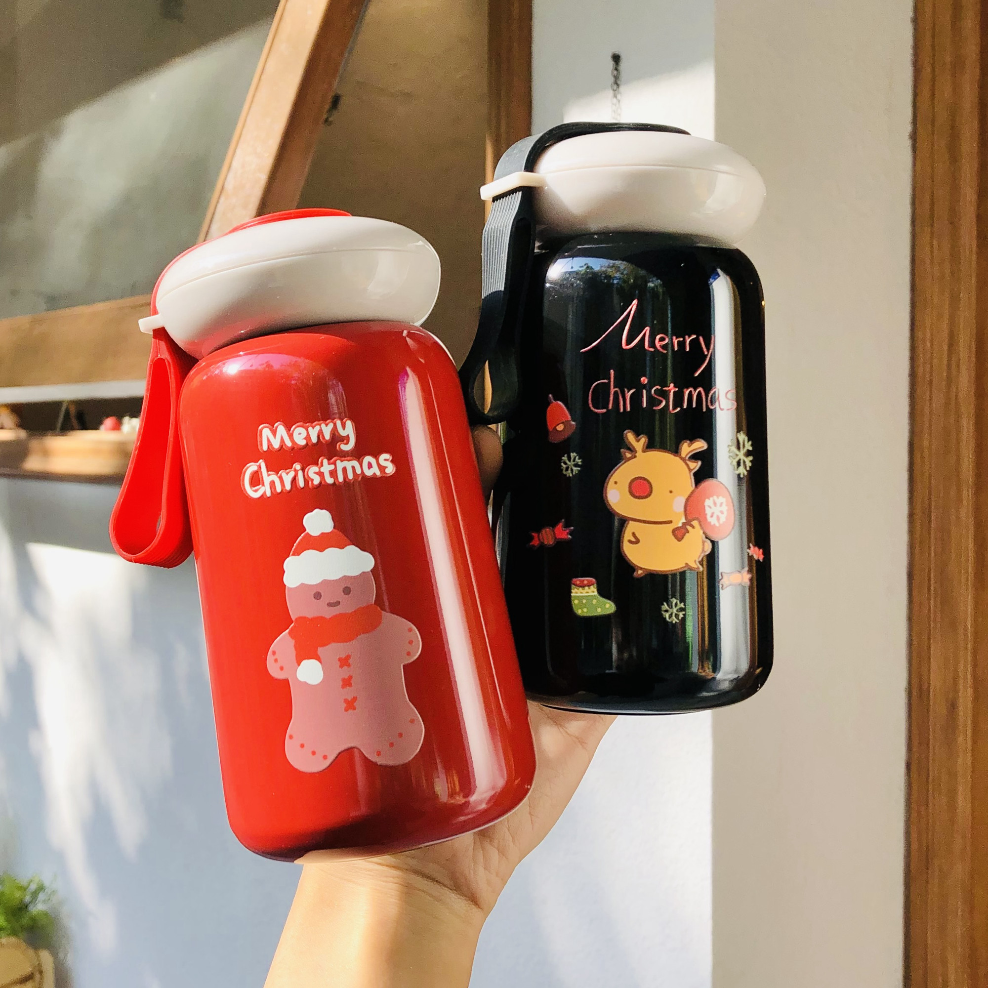 卡通圣诞保温杯韩版学生创意304不锈钢带茶隔吊带森系保暖杯优惠券