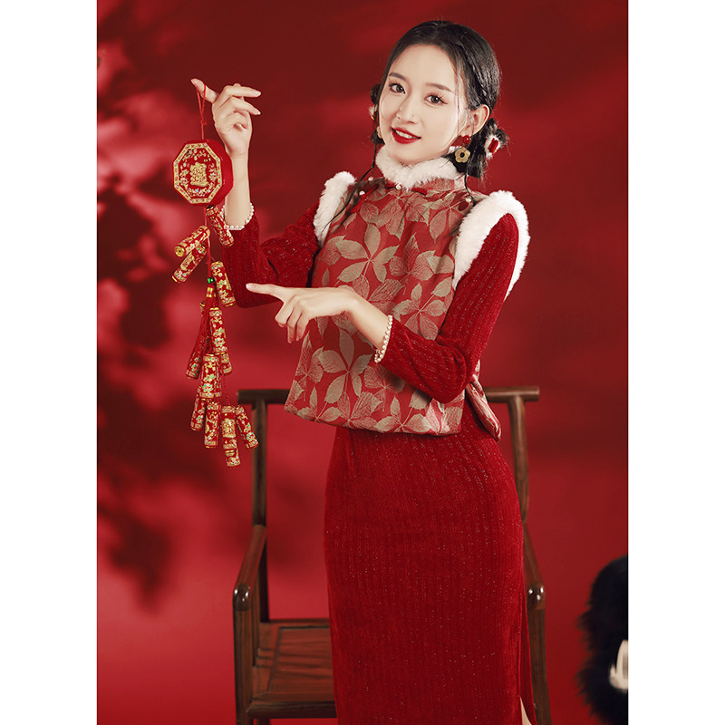 红色旗袍冬季马甲套装小个子加厚唐装女装中国风女大人新年拜年服