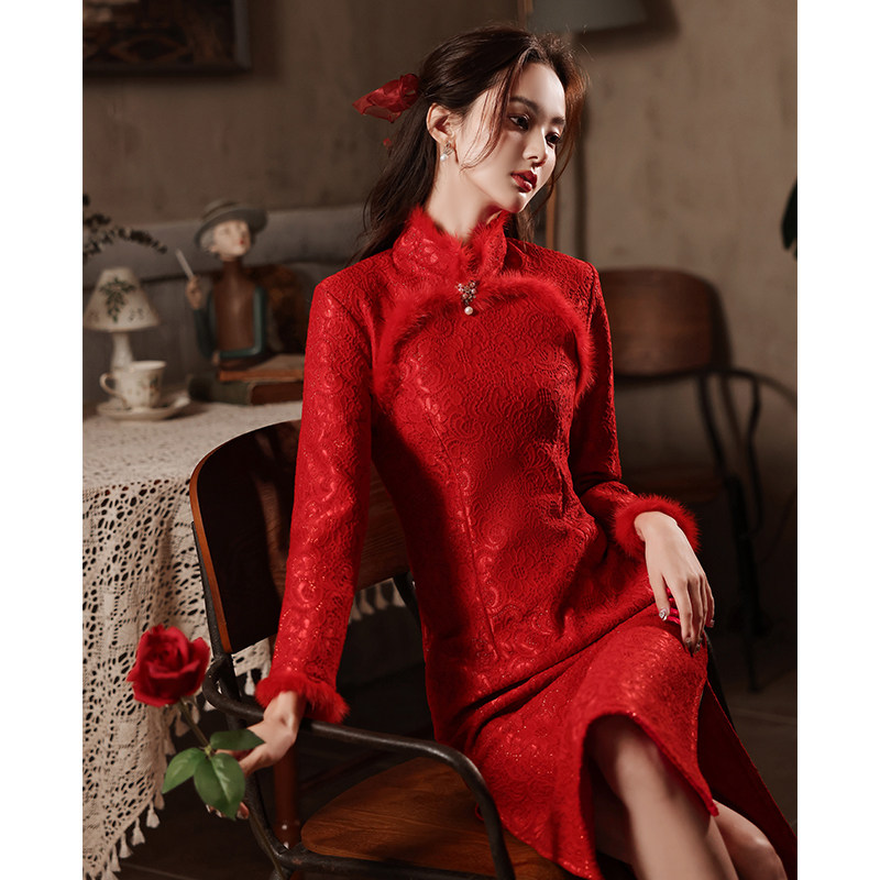 红色旗袍敬酒服新娘冬季2021新款冬款加绒加厚蕾丝长袖结婚礼服女