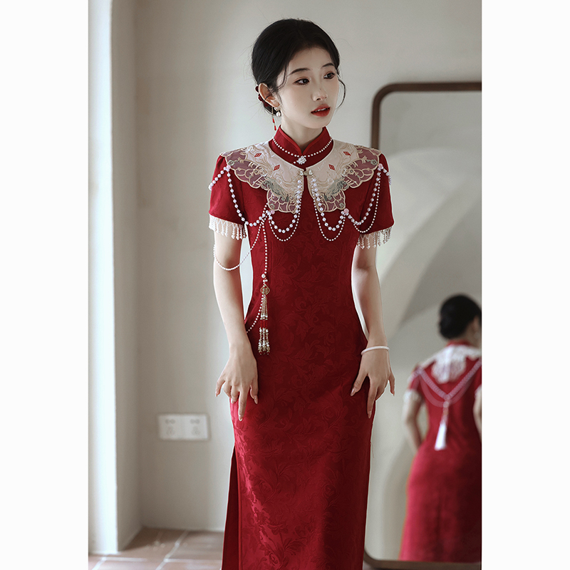 红色云肩旗袍敬酒服新娘高级感改良新中式婚服嫁衣结婚订婚礼服裙