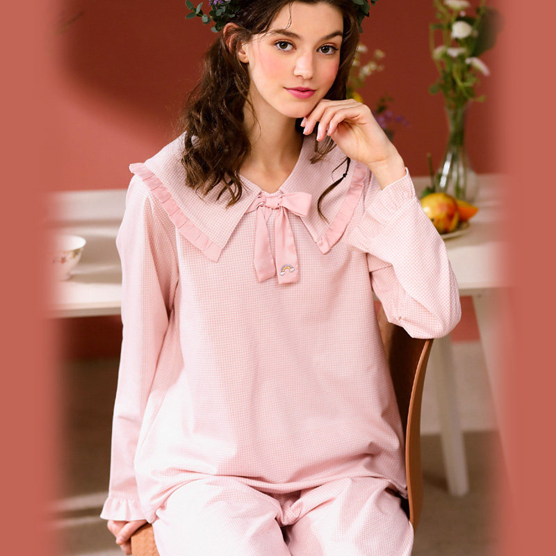 2020美梦春新款女士格子纯棉针织长袖套头方领睡衣