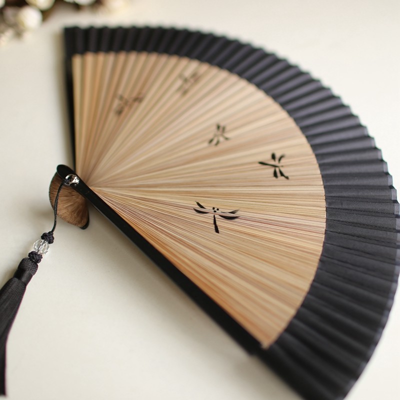 【和服女扇】江户日式折扇日本和风扇子 手绘喷绘 藏青烤漆 蜻蜓
