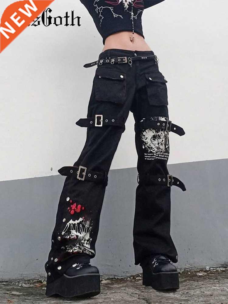 InsGoth Y2K Punk Skull Print Black Buckle Pants Harajuku Hig