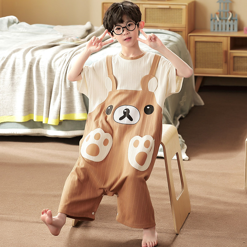 连体睡衣男童小熊网红纯棉透气吸汗面膜睡袋夏款薄儿童连身家居服