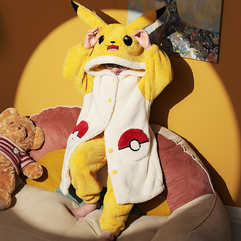 皮卡丘儿童睡袍珊瑚绒秋冬季男童卡通可爱男孩中长款睡袍学生睡衣