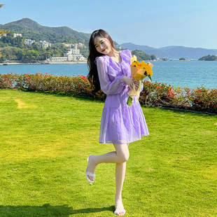 法式茶歇紫色连衣裙女春夏装气质短款公主温柔风高级感收腰仙女裙