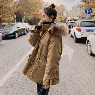 派克服女2022秋冬新款加绒中长款工装外套小个子大码宽松加厚棉衣