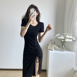 Short skirt round neck drawstring split black tight and slim dress