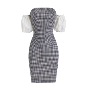 Real shot spot new small slim one line collar stitched Raglan Plaid bubble sleeve dress