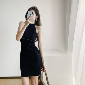 Sleeveless round neck high waist solid chain waist small black skirt A-line dress