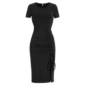 Short skirt round neck drawstring split black tight and slim dress