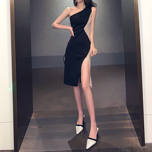 Color matching slim waist split one shoulder slant shoulder temperament sexy dress