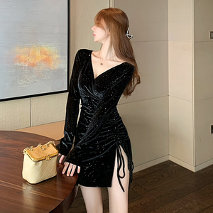 Real shooting spot autumn and winter new golden velvet flash V-neck pleated drawstring long sleeve thin split dress