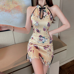 Real shooting spot ~ New Sexy retro printing improved short split daily summer dress cheongsam