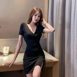 Real shot spot ~ New V-neck waist waist hem drawstring Strap Black Short Sleeve Hip Wrap thin dress