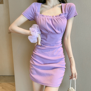 Spot ~ real shot female Xia slim， slim temperament， waist folded purple short sleeve Hip Wrap Dress