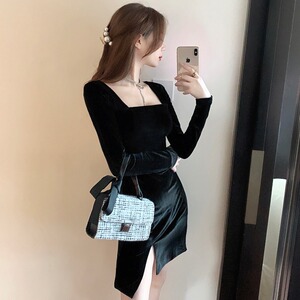 Spot ~ autumn new style square neck long sleeve velvet black waist dress