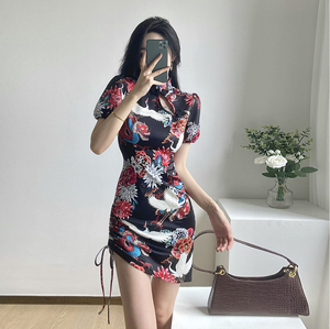 Real shot spot summer new print Chinese style improved drawstring girl slim dress cheongsam