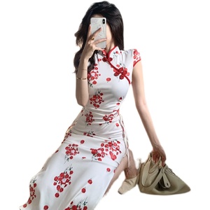 Vintage unique open waist drawcord shows thin waist split short sleeve medium long cheongsam