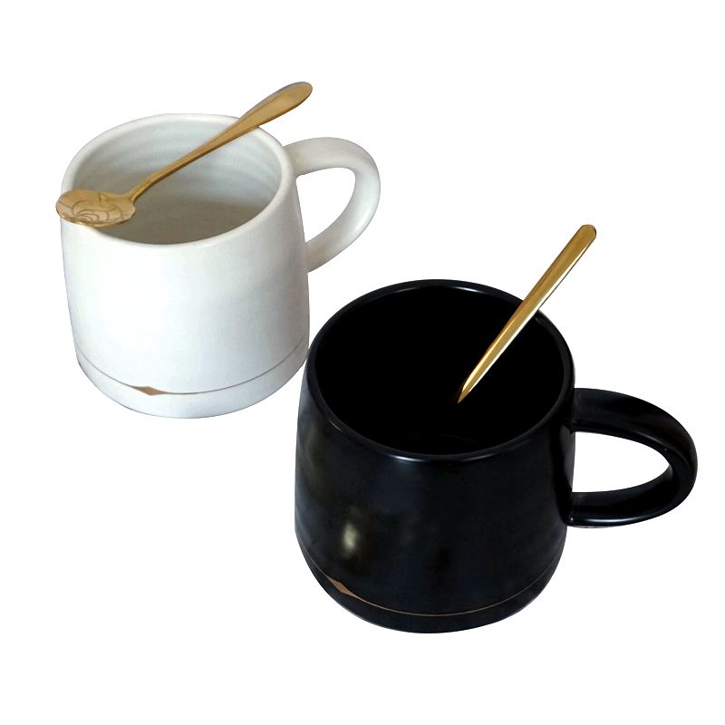 简约陶瓷马克杯咖啡杯配勺日式水杯家用田园风奶茶杯瓷勺不锈钢勺