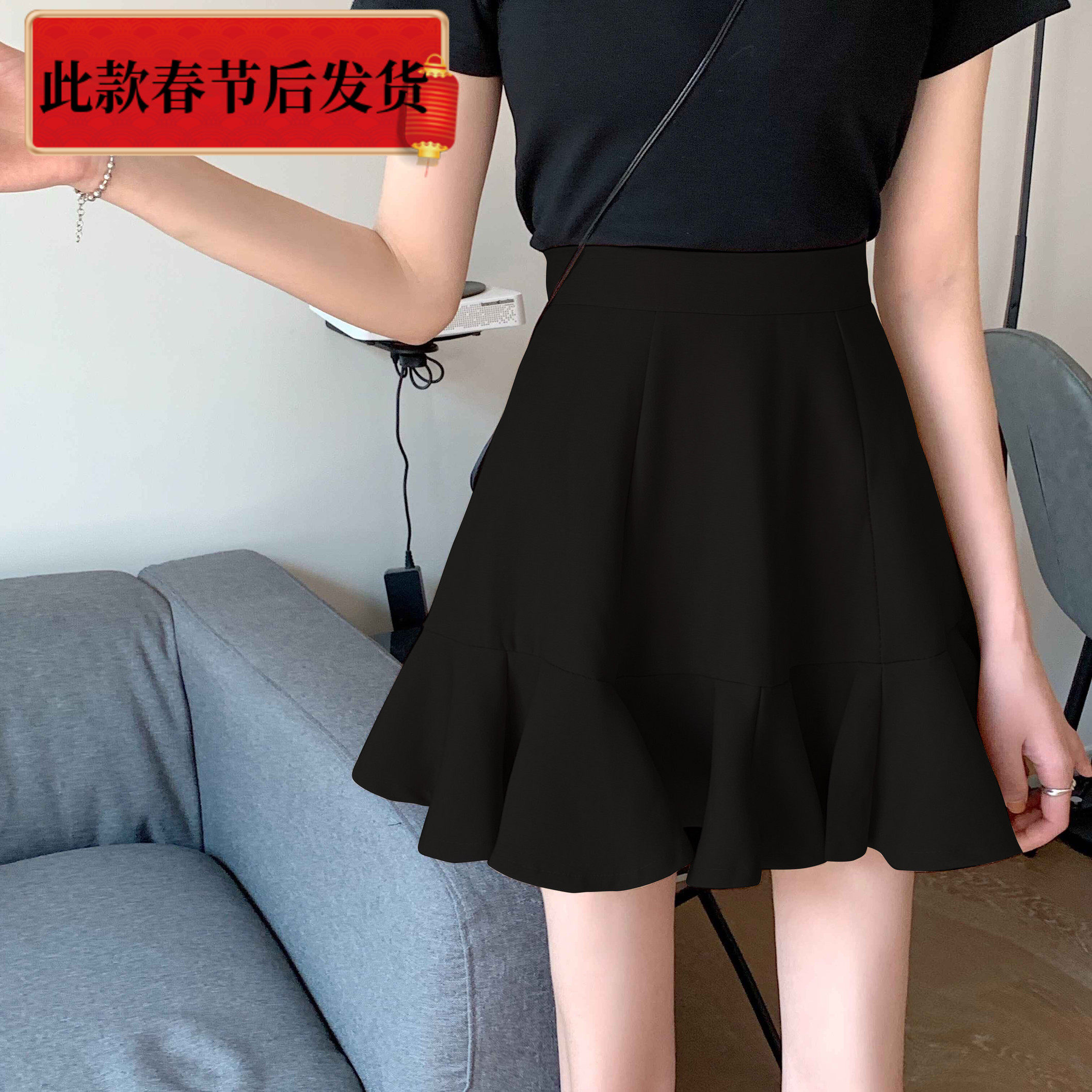 大码短裙女黑色荷叶边半身裙2020夏季新款胖mm高腰显瘦a字百褶裙