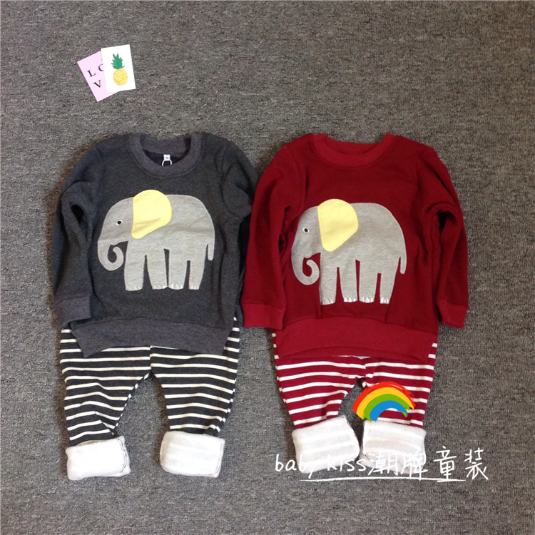 男童家居服套装秋冬季Q1韩版儿童装女宝宝大象上衣条纹裤子两件套