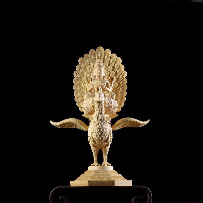 桧木雕刻孔雀明王佛母佛堂供奉佛像摆件护世金刚宗教居家风水摆设