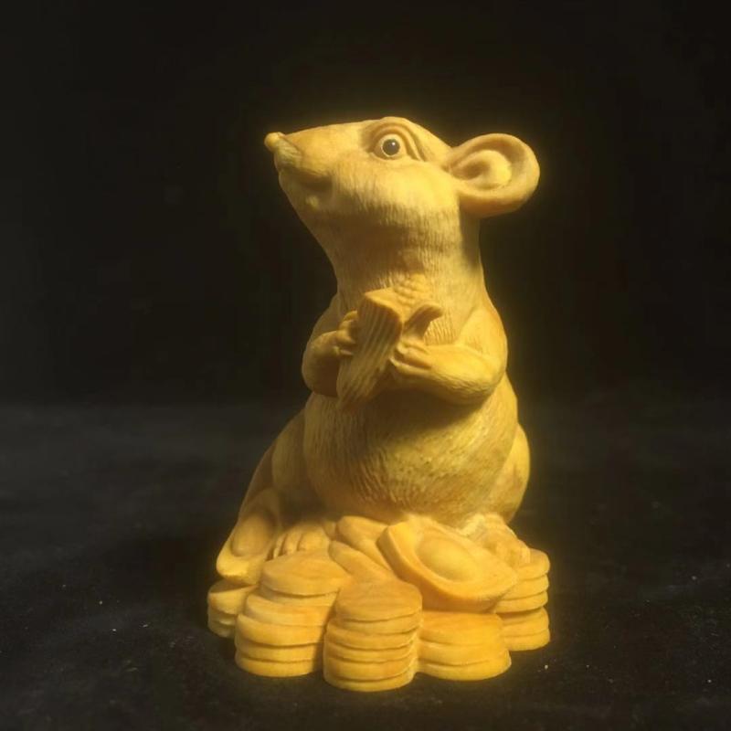 黄杨木雕手把件招财创意可爱生肖鼠雕刻手工艺品实木老鼠动物摆件