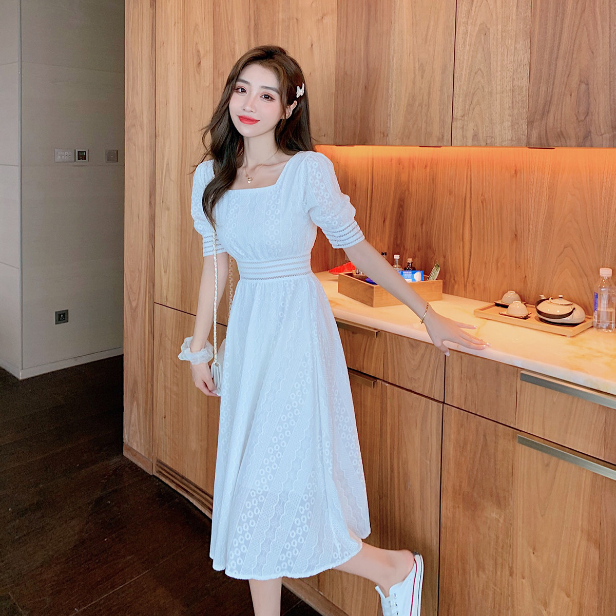 实拍现货新款方领小个子白色连衣裙短款长款收腰显瘦气质裙子女夏