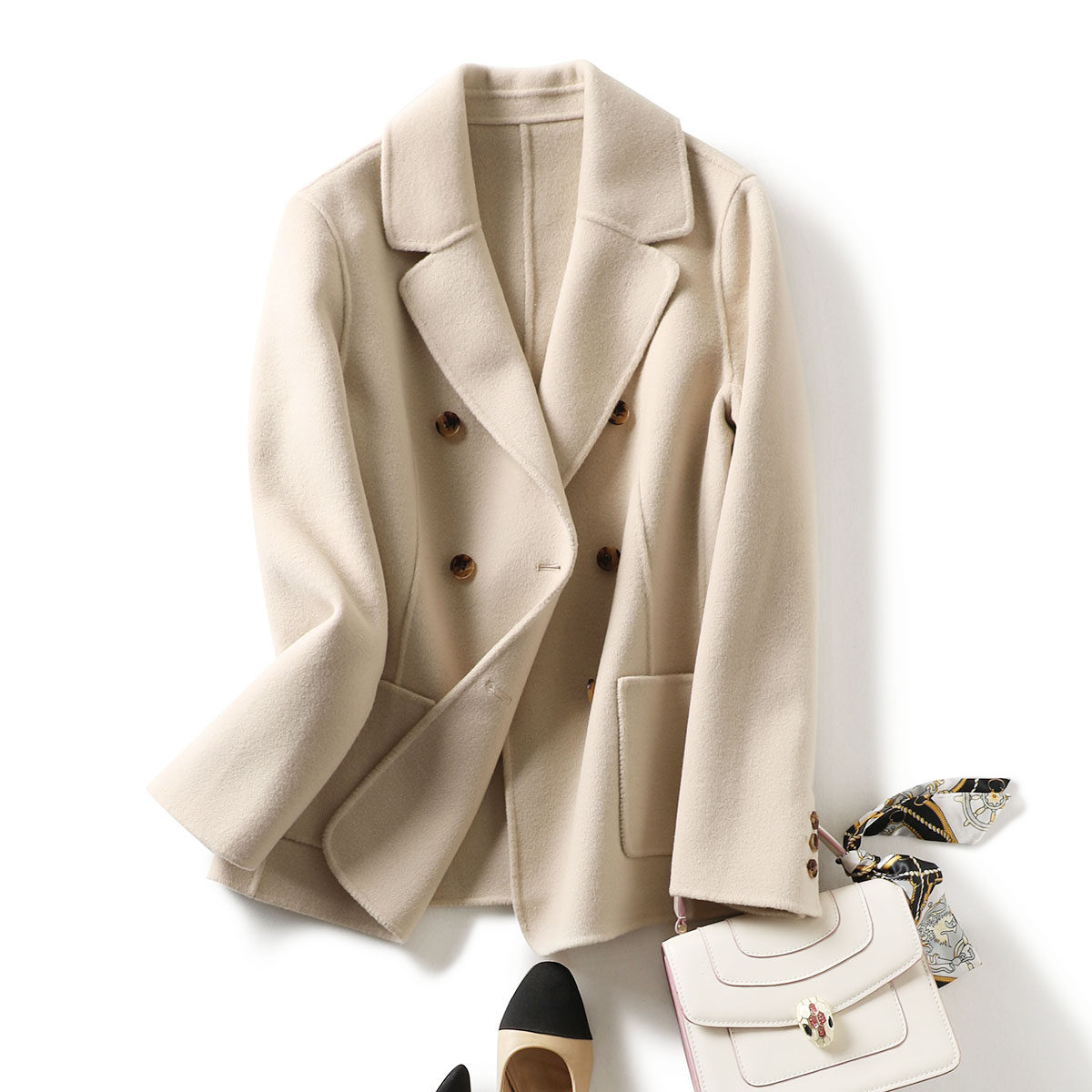 品质当道 双面手工羊毛呢 双排扣西装米色外套19年秋冬装新款