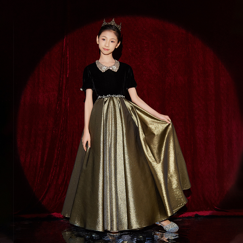 高端洋气女童钢琴比赛演奏儿童礼服生日黑色公主裙主持人演出服冬
