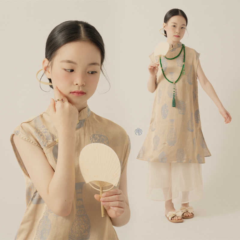 女童旗袍2024寓夏新中式天丝提花连衣裙小个子女生中国风裙子套装