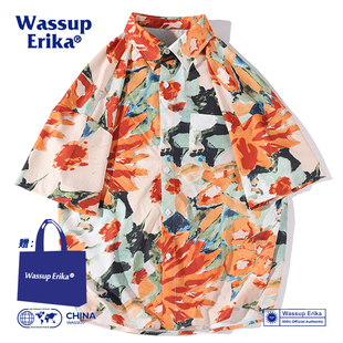 WASSUP ERIKA美式夏威夷花衬衫男夏季薄款冰丝海滩度假短袖衬衣女
