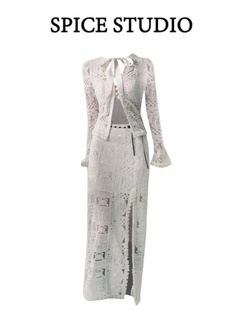 胖MM大码春季韩系气质原创设计重工蕾丝上衣+长裙高级感两件套装