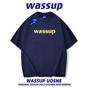 WASSUP美式纯棉短袖T恤男女情侣装国潮牌ins夏季复古重磅经典上衣