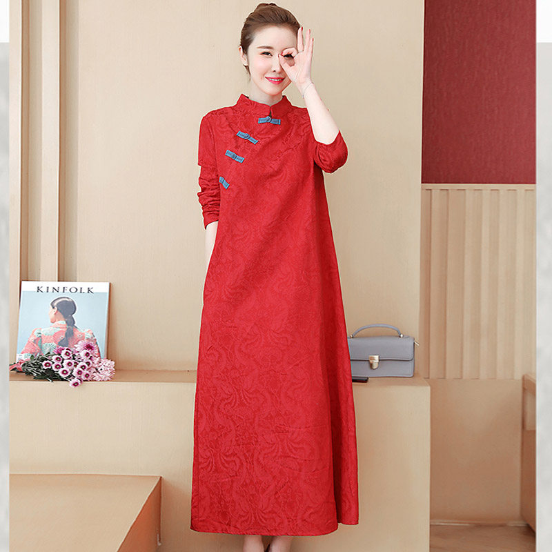 中式唐装改良旗袍裙春秋中国风汉服复古盘扣大码棉麻茶服连衣裙女