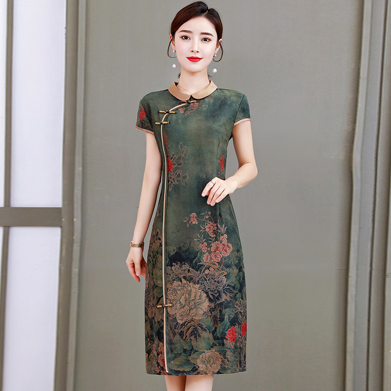 重磅真丝香云纱改良旗袍连衣裙高端宽松大码女装中年人妈妈长裙子