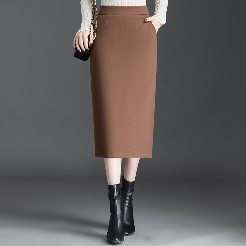 毛呢筒裙女一步裙秋冬2021新款修身显瘦半身裙中长款开叉包臀裙子