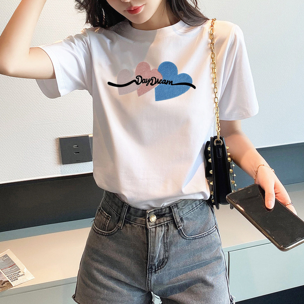 2022夏装新款白色短袖t恤女修身圆领韩版宽松体恤衫半袖纯棉印花